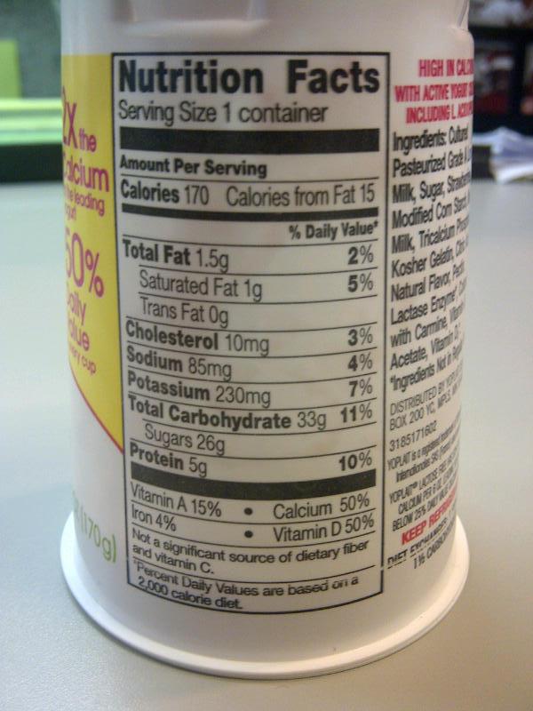 yoplait yogurt  nutrition label